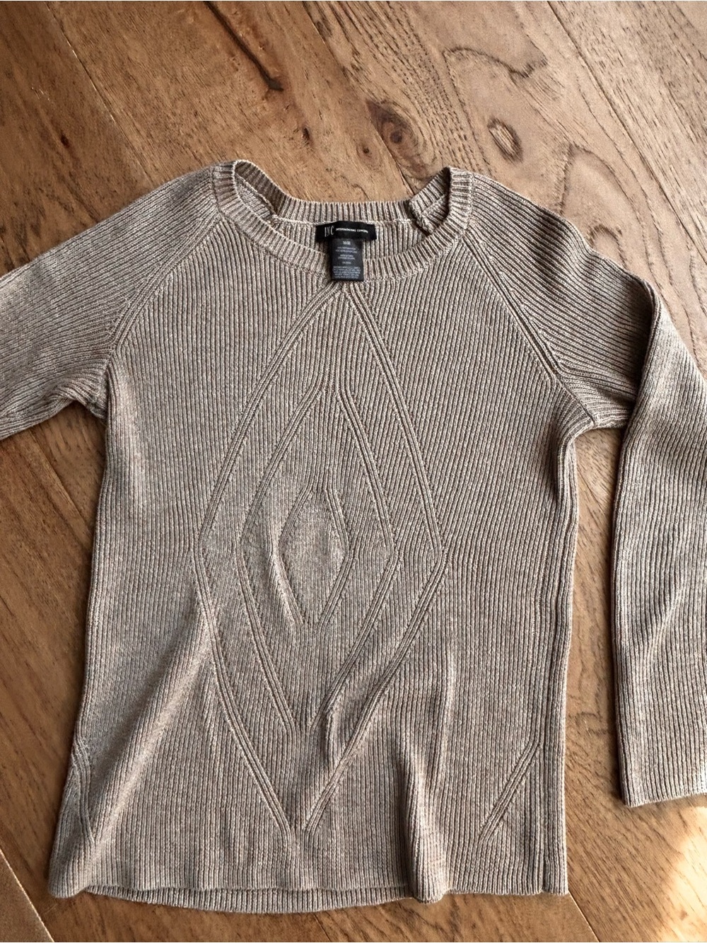 INC International Concepts Taupe Crewneck Sweater with Diamond Knit Detail